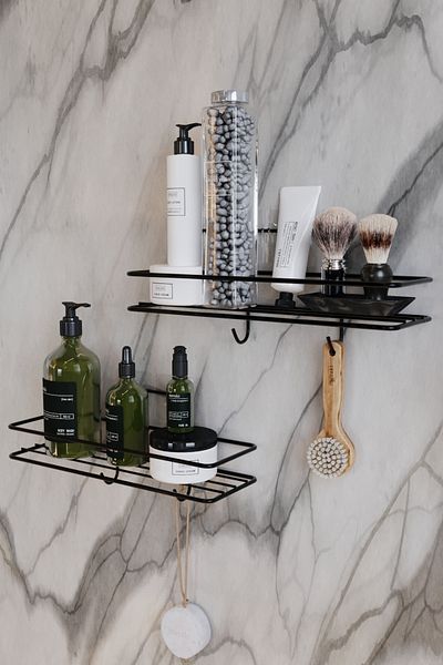 boz concept home Set de 2 Organizator de baie Suport pentru șampon Negru mat CU Adeziv 4 Umerașe Raft de duș Organizator inoxidabil