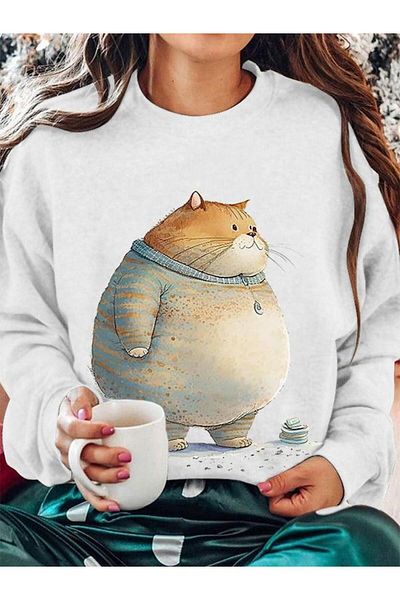 Khione Unisex Σχέδιο Shishko Cat με στάμπα με λαιμόκοψη Oversize φούτερ με κουκούλα