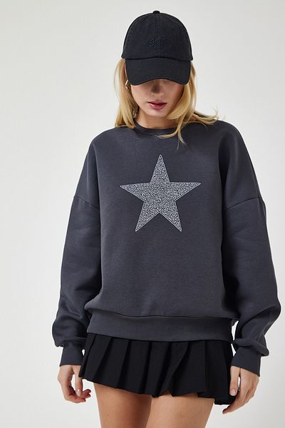 Happiness İstanbul Women's Anthracite Star Embroidered Raised Knitted Sweatshirt UB00237