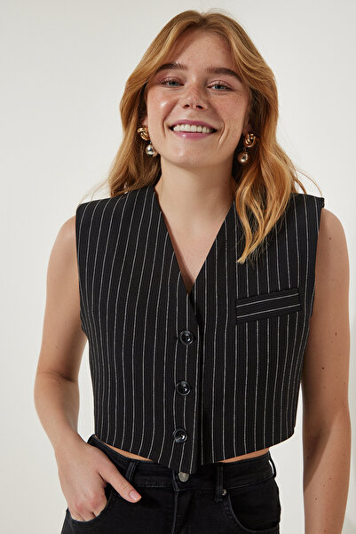 Happiness İstanbul Γυναικείο Μίνι υφαντό γιλέκο μαύρο ριγέ TO00125