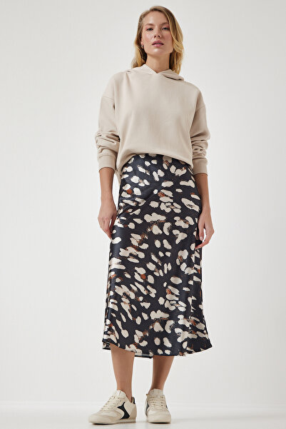 Happiness İstanbul Antracytowa, wzorzysta, satynowa spódnica damska DD01142