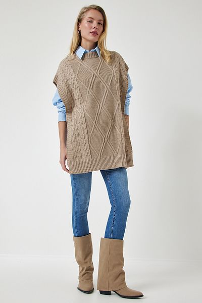 Happiness İstanbul Beiger Oversize-Strickpullover mit Krawattendetail YG00104