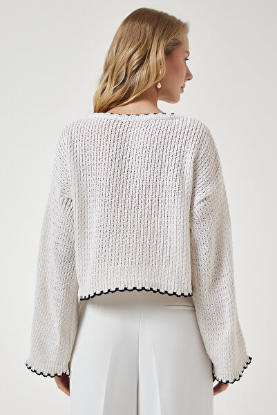 Happiness İstanbul Pulover MC00256 pentru femei, crem, perlat, ajurat, tricotat sezonier