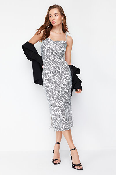 Trendyol Collection Rochie Maxi Tesuta Ecru Degaje Guler Satin TWOSS24EL00236