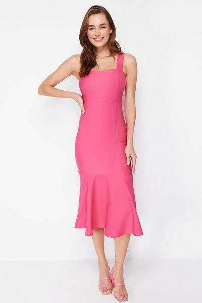 Trendyol Collection Φούξια Φούξια Flounce Strap Μίντι Υφαντό Φόρεμα TWOSS24EL00508