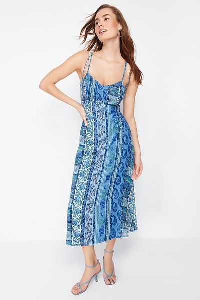 Trendyol Collection Blue Patterned Patterned A-Cut Strap Midi Lined Woven Dress TWOSS23EL00989