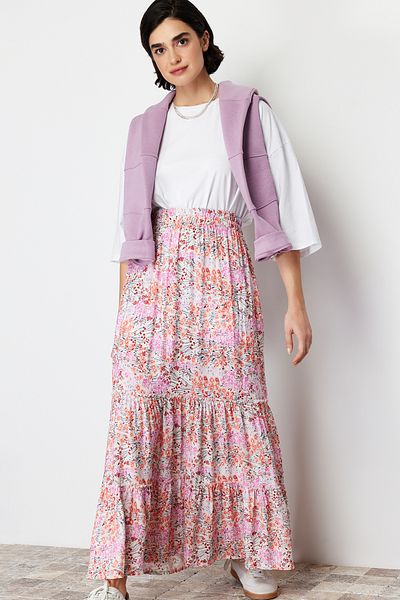 Trendyol Modest Fustă țesută cu modele florale multicolore TCTSS22EE00000