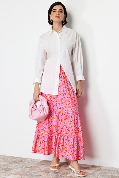 Trendyol Modest Rózsaszín virágmintás szövött szoknya TCTSS22EE00000