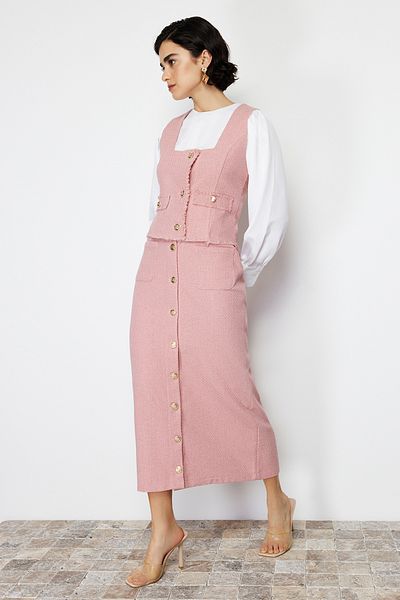 Trendyol Modest Rózsaszín tweed mellény és szoknya szett - TCTSS24US00013