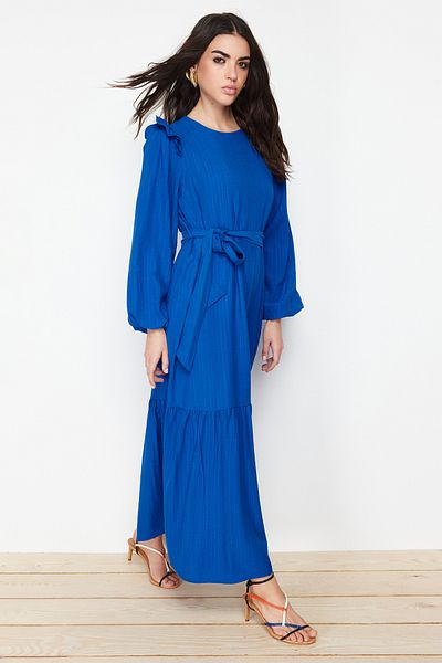 Trendyol Modest Modrá sukně s volánkem přes ramena Podšívané viskózové smíšené tkané šaty TCTSS23EB00290