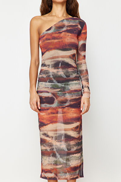 Trendyol Collection Multicolored Fitted Draped One Shoulder Tulle Lined Maxi Knitted Dress TWOSS23EL01799