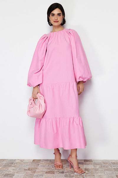 Trendyol Modest Fustă roz cu mâneci cu balon Rochie țesută din bumbac stratificat TCTSS24EB00070