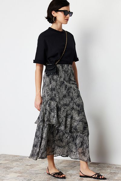 Trendyol Modest Fekete állatmintás bélelt szőtt szoknya TCTAW24EE00020