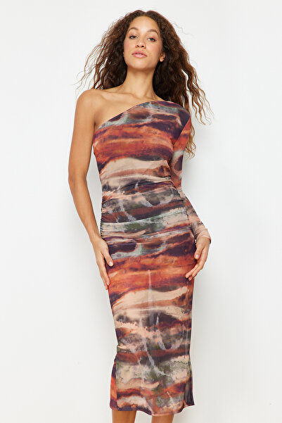 Trendyol Collection Multicolored Fitted Draped One Shoulder Tulle Lined Maxi Knitted Dress TWOSS23EL01799