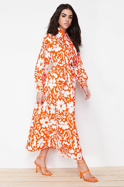 Trendyol Modest Piros virágmintás öves ingruha TCTSS24EB00004