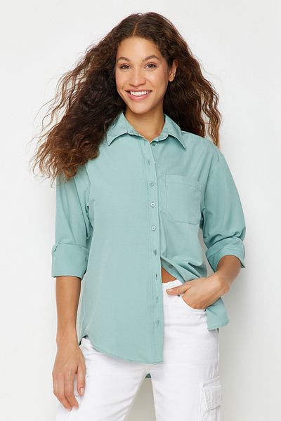 Trendyol Collection Menta egyzsebű barát/széles szabású pamut szőtt ing TWOAW20GO0115
