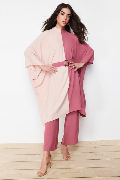 Trendyol Modest Szárított rózsa színű blokkolt derék, öves tunika-nadrág szőtt öltöny TCTSS23US00046