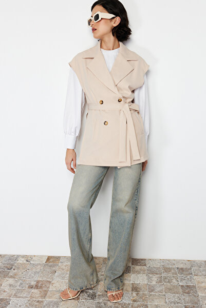 Trendyol Modest Beige Belt Detailed Woven Vest TCTSS24YL00004