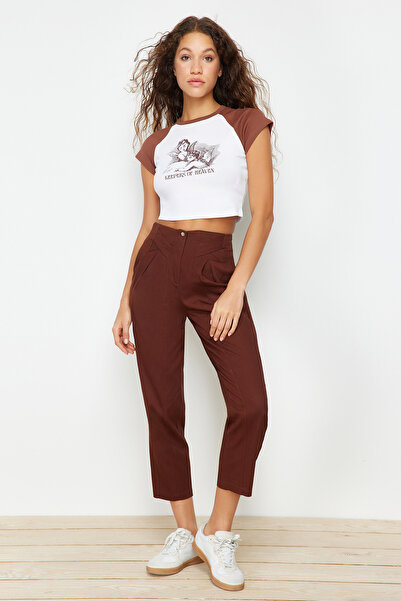 Trendyol Collection Hnědé tkané kalhoty s proužkovým vzorem hnědé bavlny TWOAW22PL0342
