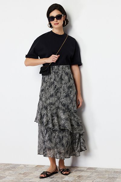 Trendyol Modest Fekete állatmintás bélelt szőtt szoknya TCTAW24EE00020