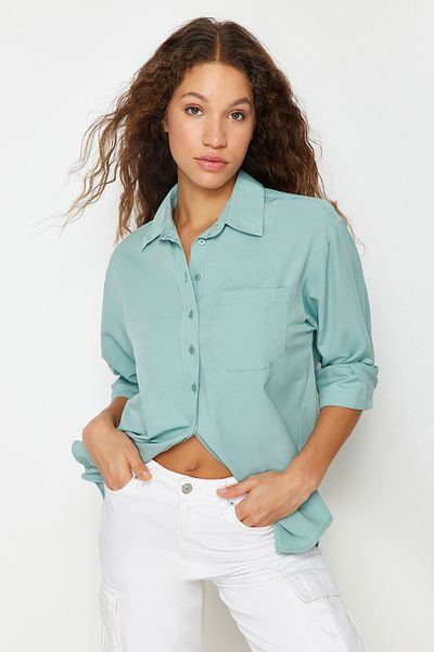 Trendyol Collection Menta egyzsebű barát/széles szabású pamut szőtt ing TWOAW20GO0115