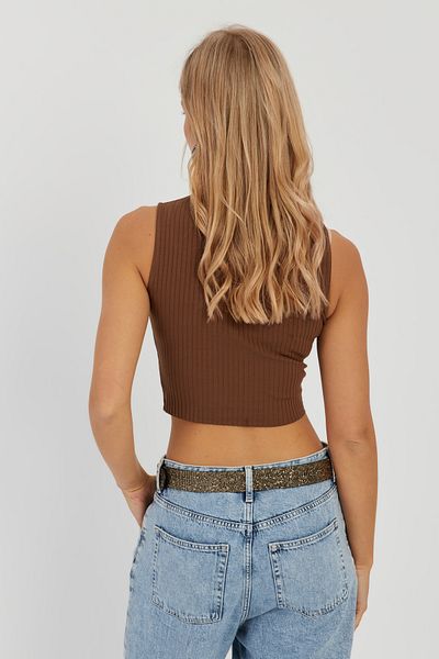 Cool & Sexy Γυναικεία Καφέ Μπλούζα με κορδόνι Crop LPP1262