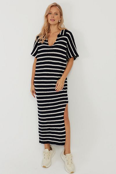 Cool & Sexy Női sötétkék-Ecru ívelt kötöttáru Midi ruha YZ622
