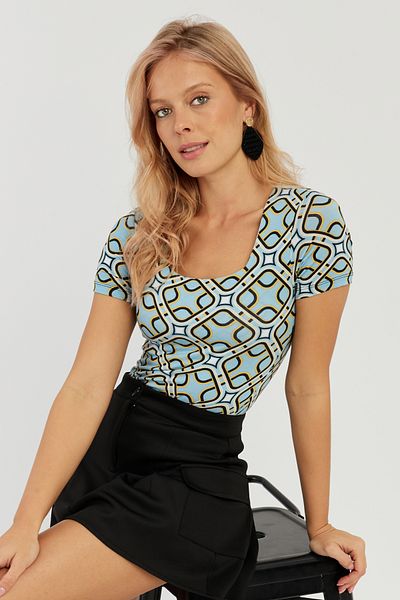 Cool & Sexy Γυναικεία μπλούζα με σχέδιο μπλε τετράγωνο γιακά LPP1258