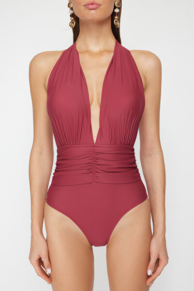 Trendyol Collection Burgundy Deep Low-cut Gathered Regular Swimsuit TBESS22MA0100