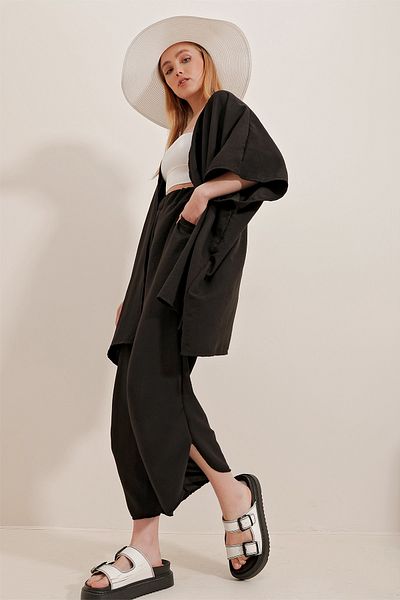 Trend Alaçatı Stili Schwarzes Damen-Doppelset aus Hose und Jacke mit geschlitztem Bein und selbststrukturierter Struktur ALC-752-001