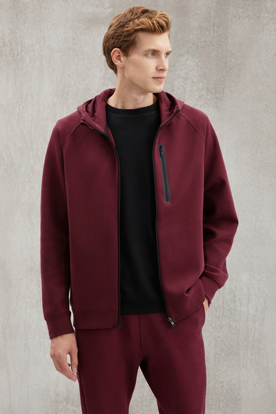 GRIMELANGE Robert Men's Slim Fit Claret Red Double Plug - Waterproof, Pocket Zip Hoodie Set