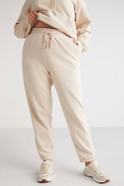 ETHIQUET Lenkabb Women's Comfort Fit Beige Large Size Sweatpants with Fleece Inside and Elastic Waist and Legs