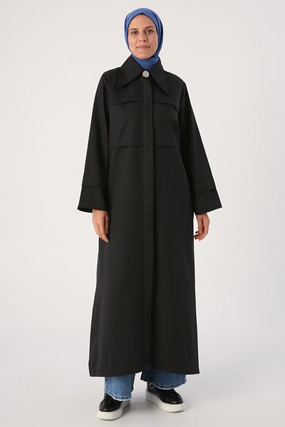 ALLDAY Černý špičatý límec Abaya se skrytou légou