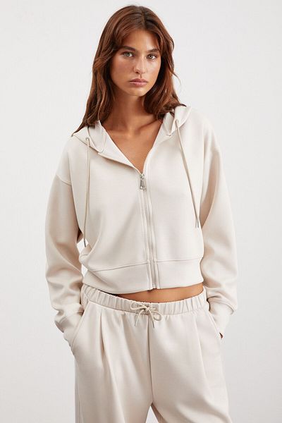 GRIMELANGE Jill Women's Relaxed Fit Comfortable Fit Hooded Zipped Premium Fabric Knitted Crop Vanilla Sweatshirt