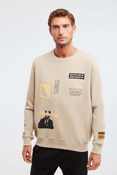 GRIMELANGE Midtown Men's Multi-Position Printed Large Ornamental Labeled Fleece Inside Beige Sweatshirt