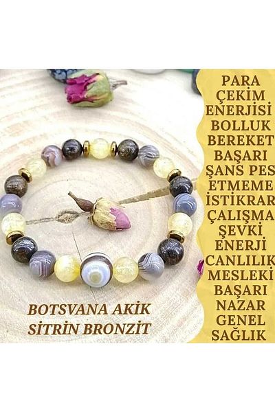 GİZEMLİ DOĞAL TAŞ Bracelet Abundance Blessings Energy Evil Eye Bostwana Agate, Citrine, Bronze Handmade