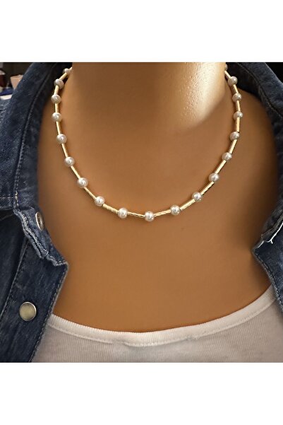 Naskosta Kaplama Boru Boncuk Ve Cam Inci Tek Sıra Tasarım Kolye