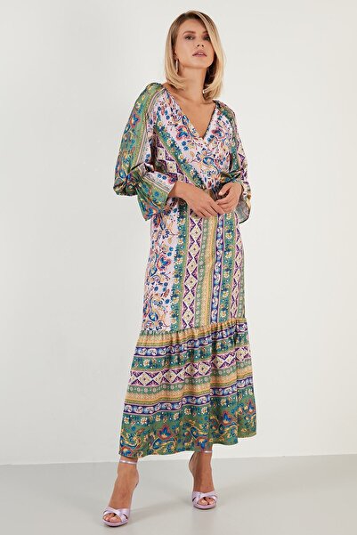 Lela Desenli Rahat Kalıp Kruvaze Yaka Elbise Bayan Elbise 6058062