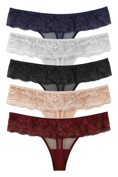 Sensu Damen-Tanga mit Spitzen- und Tülldetails, 5-teiliges Höschen-Set – Kts2077 (breite Größe)