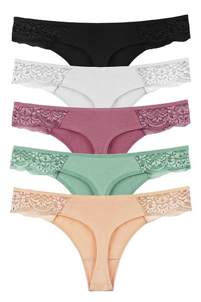 Sensu Women's Lace Detailed Thong 5-Piece Panties Set - Kts2075 (Wide Fit)