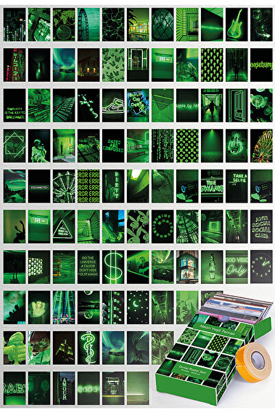 GUGUK Neon Yeşil Temalı 99 Adet Duvar Poster Seti, Özel Tasarım Kutulu, Oda D...