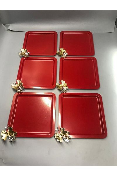 Aslı Hediyelik Stainless Steel Square 6-Piece Red Coffee, Tea, Decorative Presentation Serving Tray with Luxury Butterfly Accessories