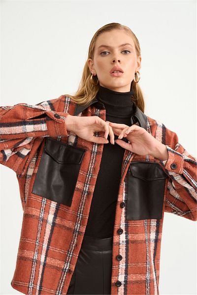 Sateen Cămașă cu model în carouri cu detalii din piele - țiglă