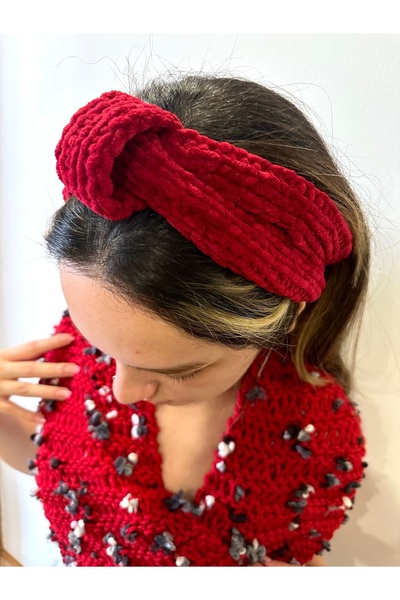 alsaccessories Bandă de păr tricotată manual pentru femei, catifea roșie, cu ...