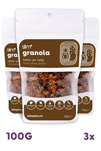 slimplus 3 Paket Kakao Yer Fıstığı Glutensiz İlave Şekersiz Vegan Granola 100gr