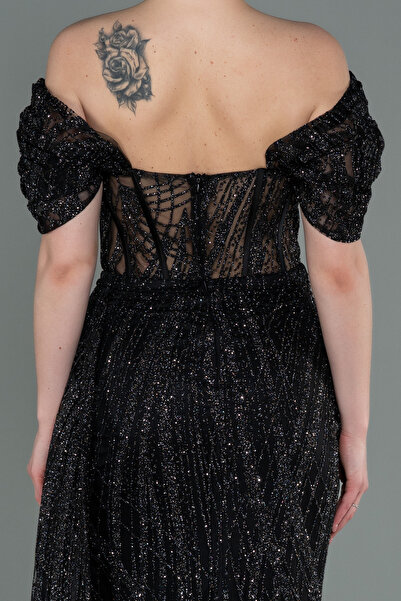 Abiyefon Siyah Kayık Yaka Yırtmaçlı Uzun Simli Abiye Abu2706