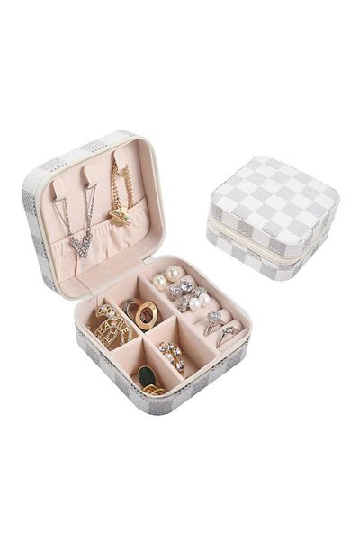 Chavin White Checkerboard Pattern Leather Travel Ring Earrings Necklace Jewelry Box st1-66by