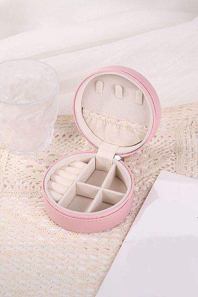 Chavin Pink Leather Travel Ring Earrings Necklace Jewelry Box st1-68pm