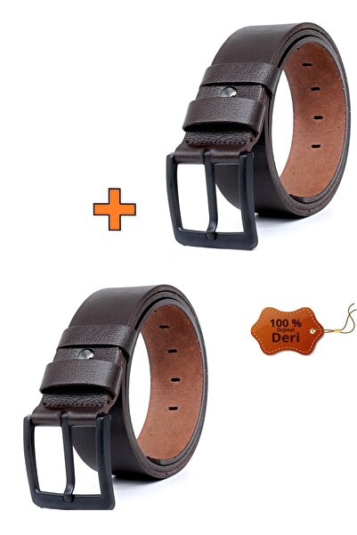 Pino44 2 Τεμάχια 100% Δερμάτινη Ανδρική Ζώνη 4,5cm Καφέ Καφέ