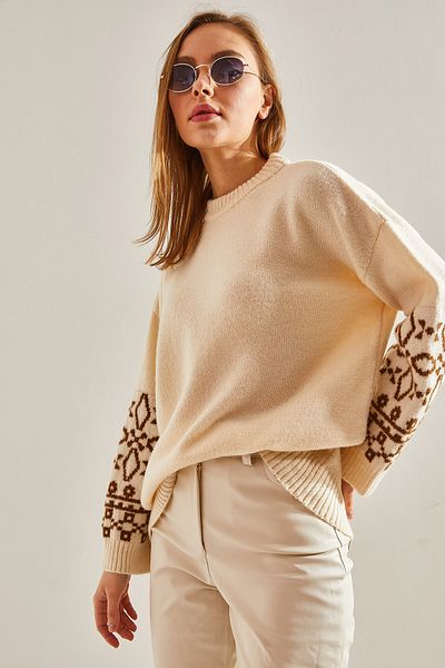 Bianco Lucci Damen Pullover Pullover mit gemusterten Ärmeln